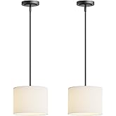 Electro bp;9" Dia White Linen Drum Shade Hanging Pendant Light Fixture with Black Pole Kit,E26,Hardwired,2-Pack;