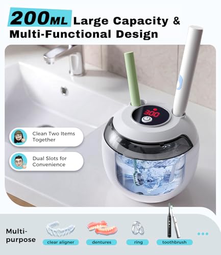 Ultrasonic Retainer Cleaner Machine, 45kHz Deep Gentle Dental Cleaning Pod with 304 Stainless Steel Tank, 4 Cleaning Modes for Aligners, Dentures, Mouth Guards, Night Guards, Toothbrush Heads