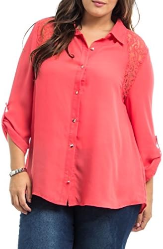 Coral Lace Contrast Button Down Plus Size Shirt N1401 (3X)