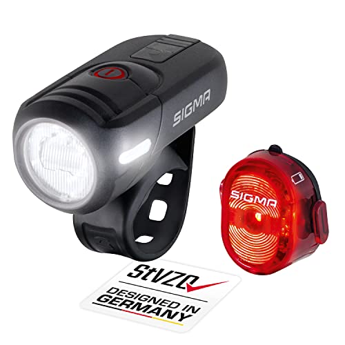 SIGMA LED Fahrradlicht Set Aura45/Nugget II mit 45/15 Lux |Wiederaufladbar & Spritzwassergeschützt | Werkzeuglose Montage | 6-21h Leuchtdauer | Fahrra