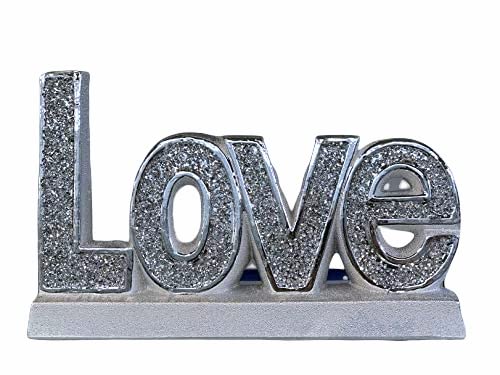 CRYSTAL CROWN Silver Bling ' Love ' crushed diamonds sparkle ornament, Words Sign Free Standing Love Desk/Shelf/Home Wall Decoration Art