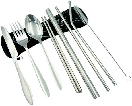 VICSOME 8Pcs Camping Flatware Set, Portable Stainless Steel Utensils Knife Fork Spoon Chopsticks Straw with Zipper Case Cotton Flannel Bag Eco-Friendly Ideal for Outdoor Camping Office