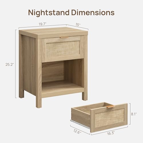 SICOTAS Rattan Nightstands Set of 2, Farmhouse Night Stands with Drawer Bedside Table - Boho End Table Side Table Accent Table for Bedroom, Light Oak Wood