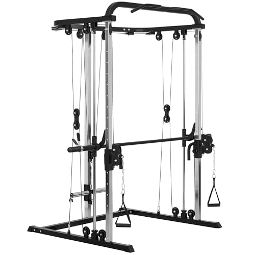 Soozier 3 in 1 Smith Machine, Multi-Functional Power Cage with Cable Crossover System, Pull up Station, 16-Level Squat Rack and Barbell Bar, Home Gym Machine