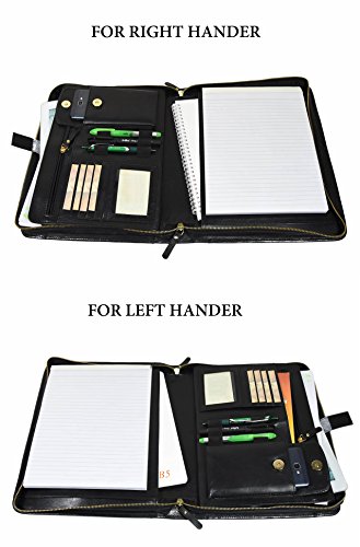 Zippered Genuine Leather Business Portfolio |Easy to Carry Organizer With Writing Pad Holder,Business Card And Pen Slots.IPAD Holder And Flip-Closure Phone Pocket, Black by Aaron Leather(With Handle)