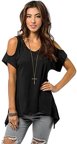 Women Casual T-shirt Short Sleeve Chiffon Top Crew Loose Blouse Bat Sleeve (4-6, Black)