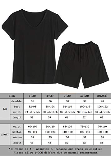 Jusfitsu Summer Women Pajama Set Short Sleeve Modal Sleepwear Solid Top and Short Soft Loungewear Elastic Black XL - Thumbnail 5