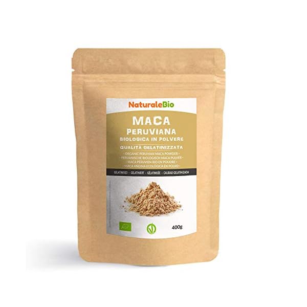 NaturaleBio Maca Pulver Bio 400g. Gelbes Wurzelpulver aus Peru. Gelatiniert, Bio und Rein.
