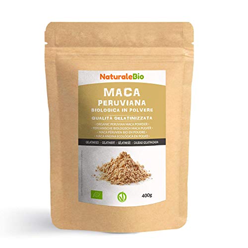 NaturaleBio Maca Pulver Bio 400g. Gelbes Wurzelpulver aus Peru. Gelatiniert, Bio und Rein.