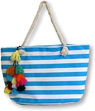 Colorful Striped Pom Pom Tassel Tote Beach Bag