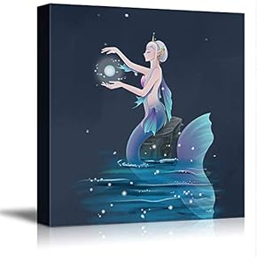 Canvas Wall Art Cartoon Beautiful Mermaid Painting Artwork for Home Prints Framed - 12x12 inches