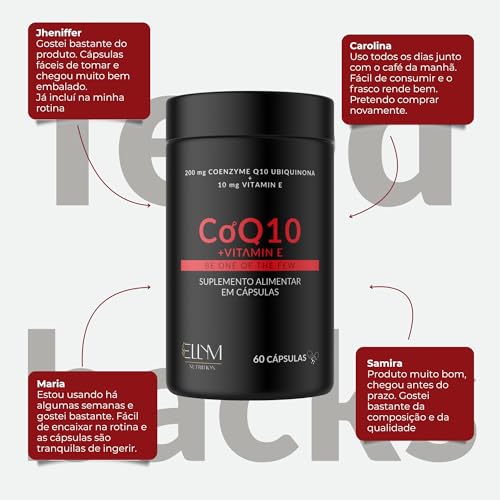 Coenzima Q10 200mg Ubiquinona com Vitamina E 10mg ELLYM NUTRITION Alta Concentração 120 Capsulas