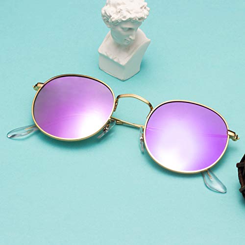 LianSan Classic Retro Metal Frame Round Circle Mirrored Polaroid Sunglasses for Men and Women 3447 Purple Polaroid Lens