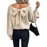 Chvity Women Sexy Backless Bow Tied Long Lantern Sleeve Pullover Sweaters Fall Winter Trendy Clothes