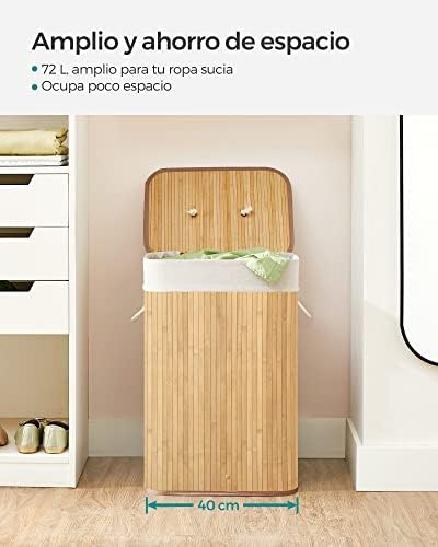 Cesto de la Ropa Sucia con Tapa, 72 L, Cesta de Lavandería de Bambú, Plegable, con Bolsa Lavable Extraíble, Asas, para Lavandería, Dormitorio, Natural LCB10Y