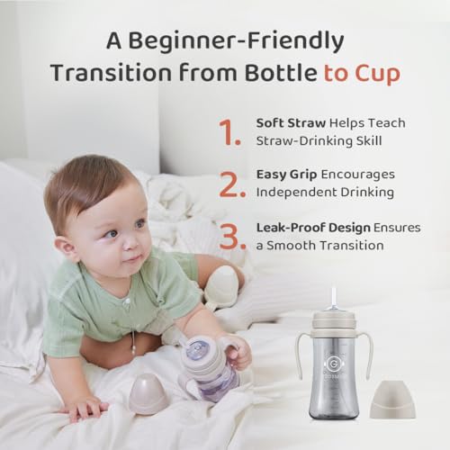 GROSMIMI Spill Proof Magic Sippy Cup with Straw and Handle for Baby and Toddlers, Anti Colic Aventable, Customizable, PPSU, BPA Free, 6 oz, Beige