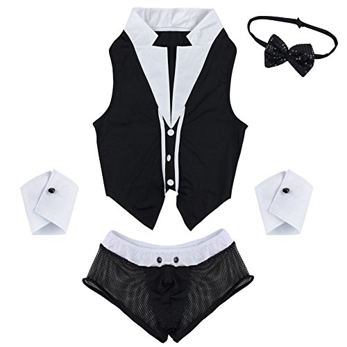 YiZYiF Men Sexy Costumes Lingerie Tuxedo Bow Tie Handcuffs Outfits Set(4 Pieces)