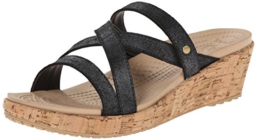 crocs Women's A Leigh Shimmer LTHR Mini Wedge Sandal, Black Shimmer, 5 B(M) US