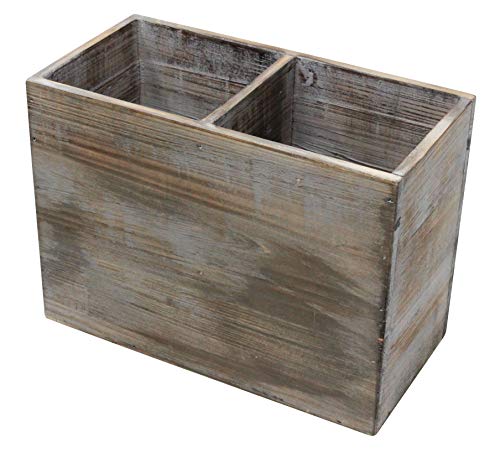 Vintage Rustic Barnwood Torched Wood Kitchen Utensil Holder - Organizer Caddy Box For Cooking, Silverware, Flatware, Sauce Spoon, Tongs, and More