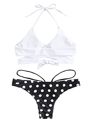 SOLYHUX Women's Sexy Halter Wrap Knotted Back Bikini Set Swimsuit Polka Dot S