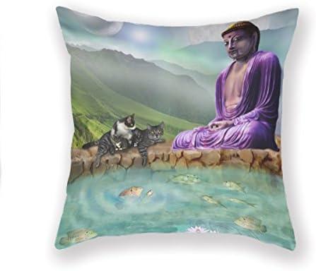 Fashion Home Decorative 18Inches Throw Pillowcase Buddha Cats Pond Cushion Cover (Two Sides)