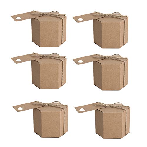 Qndanoan 50Pcs Kraft Paper Candy Box, Hexagonal Carton Candy Box Gift Box, with Twine and Tag, Wedding Party Supplies
