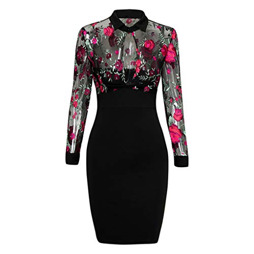 Your New Look Damen Netzkleid Patchwork Blumenstickerei Bodycon Kleid Sexy Revers Front Schlüsselloch Floral Mini… – Bild 7