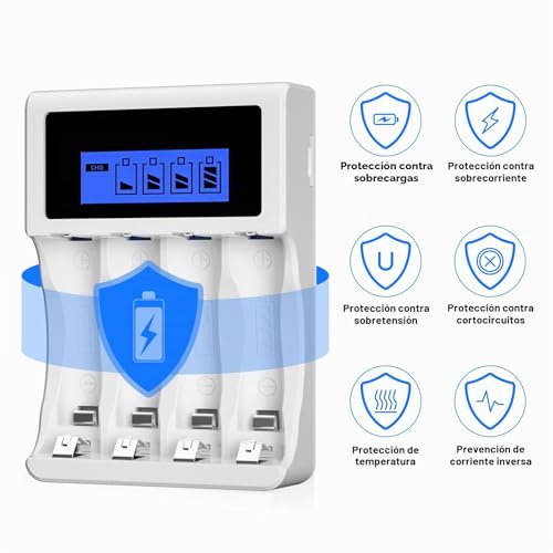 BONAI LCD Charger AA AAA Ni-MH Rechargeable Batteries, 4 Independent Slots, Universal Battery Charger with LCD Display (USB Port)