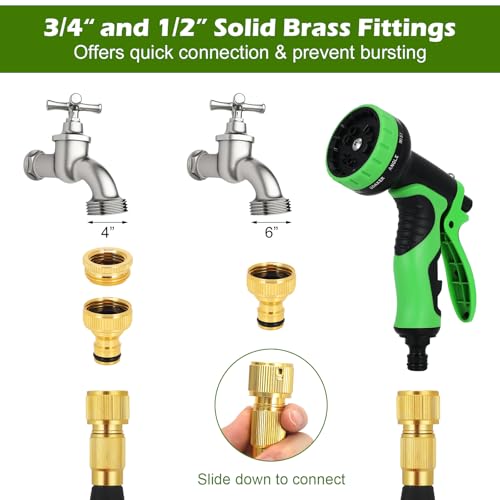 Expandable Garden Hose with 10-Pattern Spray Nozzle | 3-Layer Latex Flexible Water Hose Heavy Duty | 3/4" & 1/2" Solid Brass Connectors Leak-Proof | No-Kink Lightweight Retractable Hose (100FT/30M)