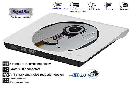 External USB 3.0 DVD Drive, Mougerk USB 3.0 Ultra Slim Portable CD DVD RW Reader Writer Burner Drive Compatible with Win 7 10 Laptop Desktop PC Mac Book Pro White