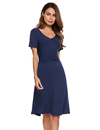 Beyove Women's Rayon Fit and Flare Dress V Neck Ruched Knot Casaul Party Work Dress