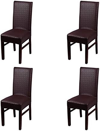 Jiuhong PU Leather Chair Seat Covers Splipcovers Waterproof Oilproof Dining Chair Cover Slipcover, Flower Brown, 4 Pack