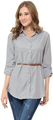 Clinamen Clothing Womens Striped Button Down Tunic Shirt With Belt(T1500) (Medium, Charcoal)