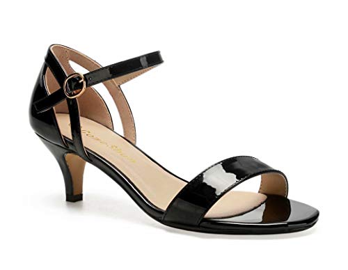 ComeShun Womens Shoes Ankle Strap Open Toe Stilettos Dress Party Bridal Wedding Pumps Low Kitten Heels Sandals (7 US, Black PU)