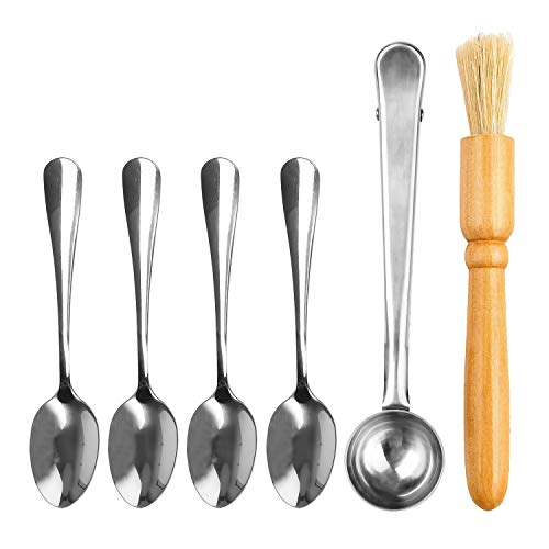 Hyber&Cara Espresso Accessories 1 PC Stainless Steel Coffee Measuring Scoop with Bag Clip + 1 PC Grinder Cleaning Brush + 4 Pcs Mini Stainless Steel Demitasse Spoons