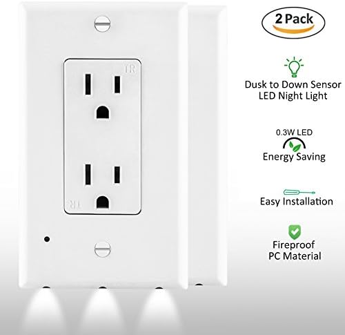 [2 Pack] ELECTEK Receptacle Wall Plate LED Sensor Night Light for Décor Outlet, Easy Installation, White