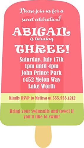 Popsicle Shapped Watermelon Birthday Party Invitations, Summer Birthday Party Invitations
