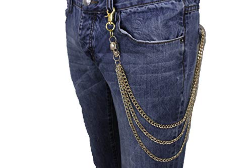 TFJ Men Gold Wallet Chain Links Biker Gothic Skull Charm Long 3 Strands