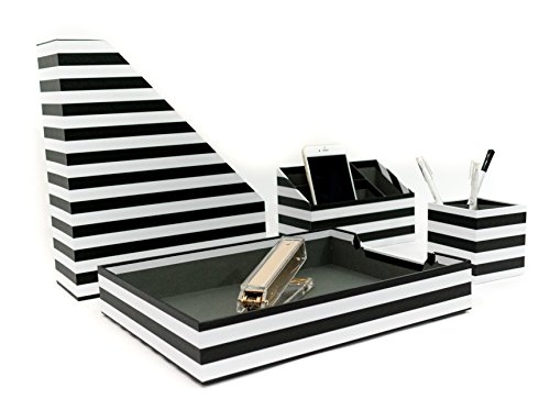 Blu Monaco Black and White Desk Organizer - 4 Piece Desk Accessories Set - Letter - Mail Organizer, Paper - Document Tray, Pen Cup, Magazine File Holder - Black and White Stripes