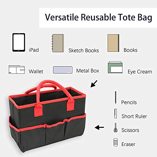 Craft and Art Bag for Supplies with Pockets, Black Oxford Tote Bag for Artist, Kid, Teacher Organizer Storage