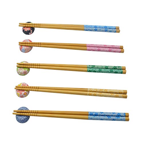 Chopsticks and Chopstick Rest Set, Broad beans Chopsticks Holder 5, Classic Japanese Style Bamboo Natural Reusable Chopsticks, Dishwasher - Safe, Chopsticks Holder Gift Set 5 Pairs (Cherry blossom)
