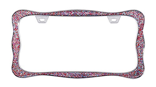 Creathome 3D Shining License Plate Frame, Chrome with Mix Shining Colorful Chunky Gliter, Pure Zinc Alloy Metal