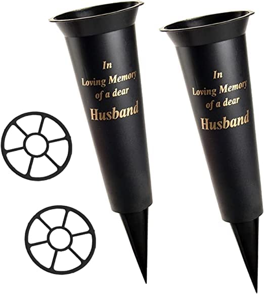Set of 2 Black In Loving Memory HUSBAND Spiked Memorial Grave Flower Vases Graveside Memorial with flower holder inserts