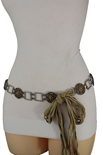 TFJ Women Fashion Antique Silver Metal Charms Belt Hip Waist Beige Tie Plus M L XL