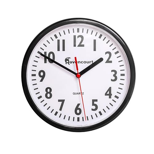 Ravencourt Quartz Analogue Clock ¦ For Schools, Hospitals, Offices And Homes ¦ High Contrast Numbers ¦ Battery Powered ¦ Black Rim With White Face ¦ Small - 21cm face