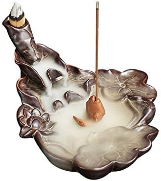 LEAFIS Waterfall Smoke Ceramic Backflow Incense Burner with 10pcs Incense Cones Incense Stick Holder for Home Office Decor (Light Brown)