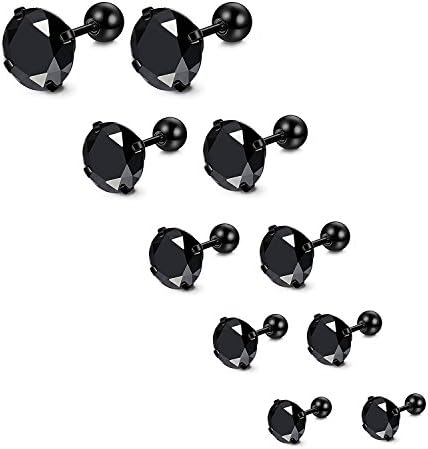YINQAG 5 Paris Stainless Steel Mens Womens Stud Earrings Cartilage Ear Piercings CZ Helix Tragus Barbell Earrings 3-7mm (Black 1)