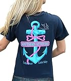 Southern Attitude Women's Salty Navy Anchor Bow Tie Preppy Little Sweet Little Salty Short Sleeve T Shirt (Small)