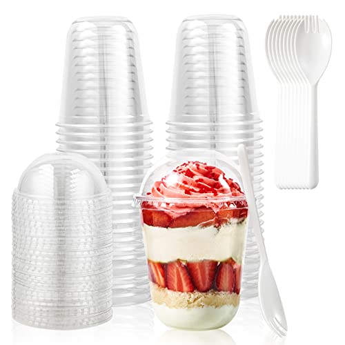 [60 PACK] 12 oz Clear Plastic Cups with Dome Lids and Sporks