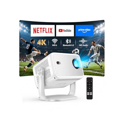 Proyector Portatil 4K con Compatible Netflix y Soporte de 360°, Enfoque y Corrección Trapezoidal Automática, WiFi 6 Ultra Rápido, Bluetooth, Cine en Casa para Smartphone/PS5/Laptop